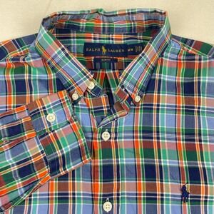 Ralph Lauren Mens Slim Fit Plaid Button Down Shirt Blue Green Orange Medium